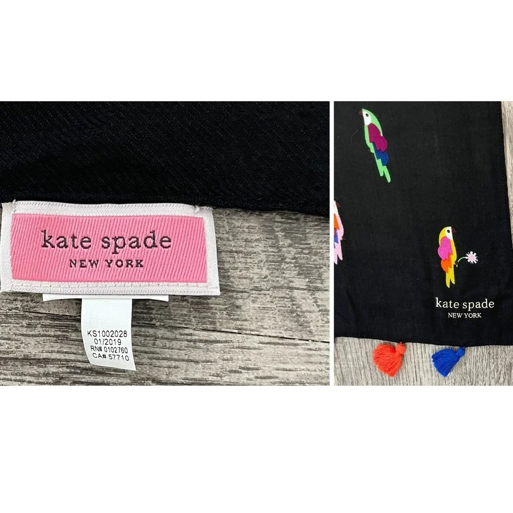 Kate Spade New York Parrot Print Scarf Shawl Black Multicolor Tassel Trim Wrap